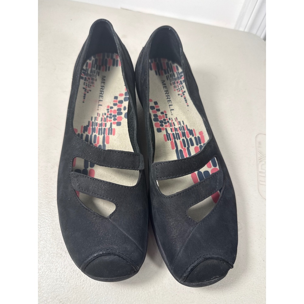 Merrell Womens Black Nubuck Leather Mary Jane Flats Cutout Strappy Shoes 9.5